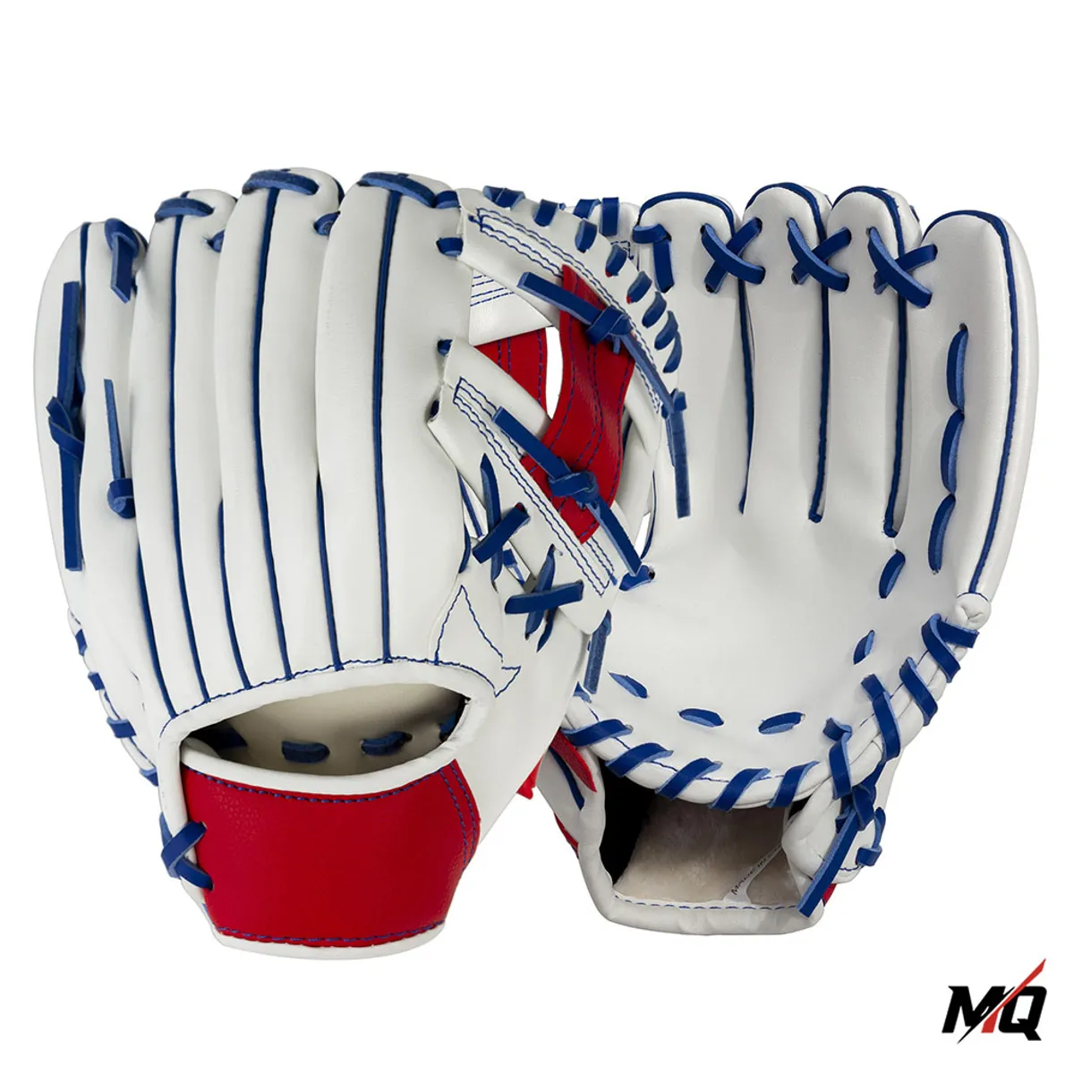 White, blue and red Malqor genuine leather baseball glove, front and back view.