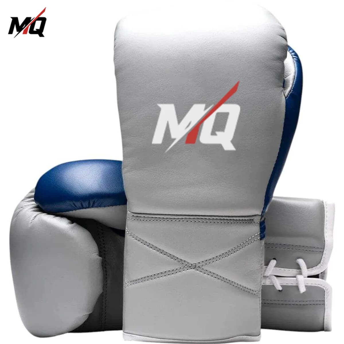 Grey and navy blue genuine leather MMA boxing gloves, front and side pair view.