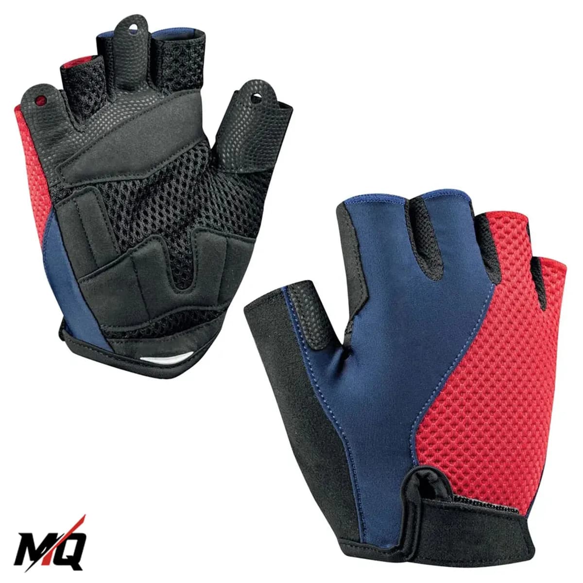 Navy blue and red Malqor half-finger cycling gloves, top view pair.