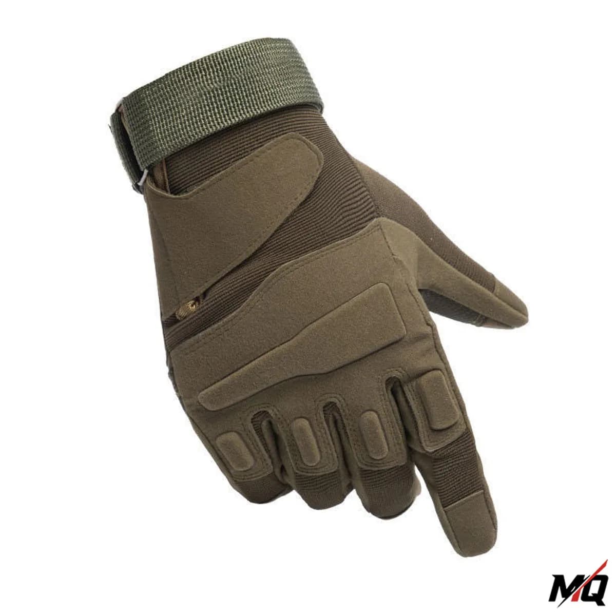 Olive green Malqor tactical full finger glove with knuckle plate and velcro wrist strap.