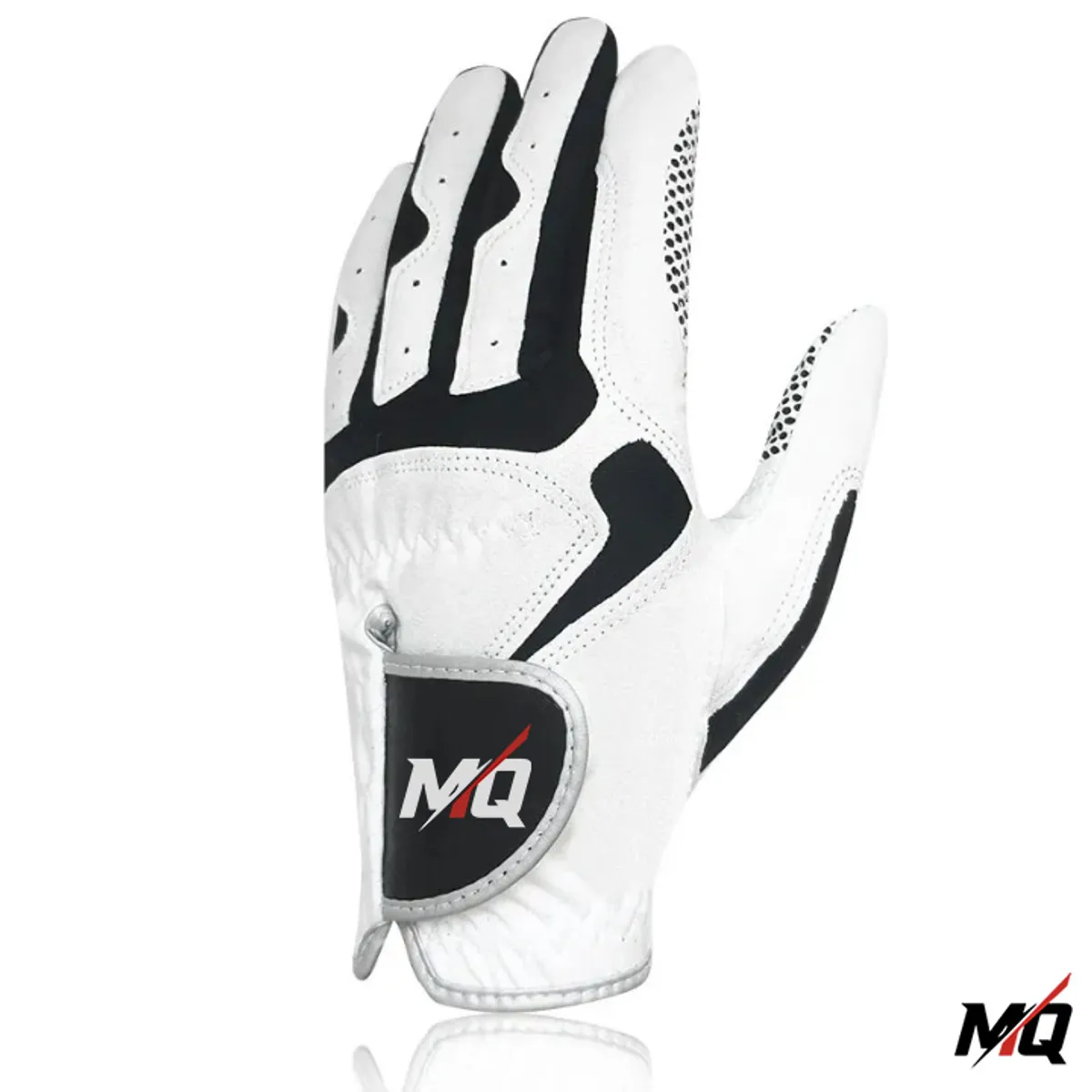 White and black Malqor sheepskin leather golf glove with hook-and-loop wrist strap.