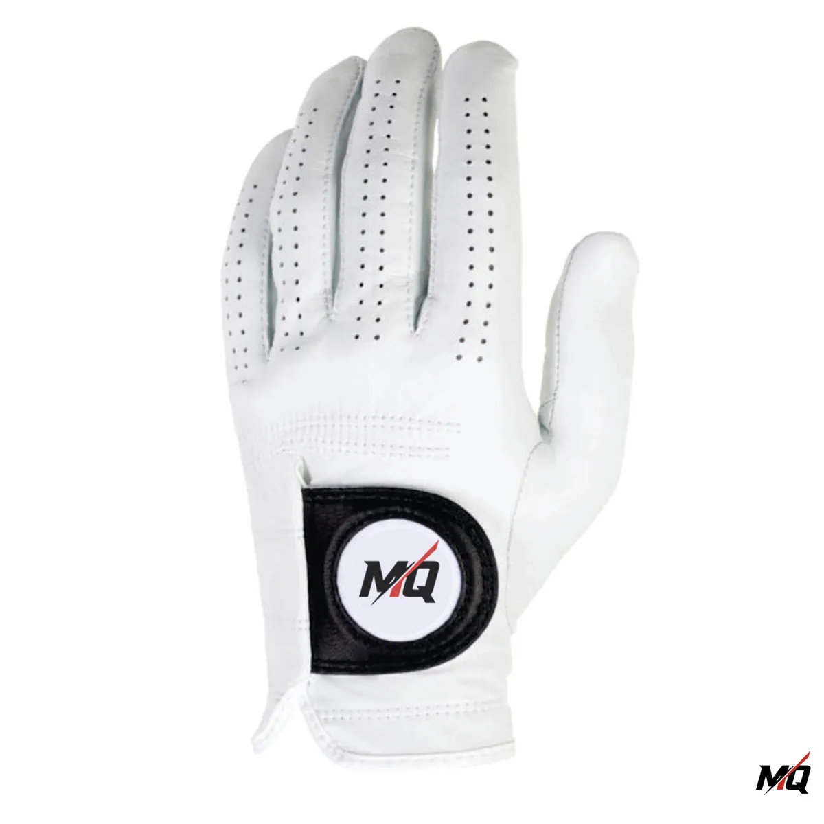 White genuine Cabretta leather golf glove back view with custom MQ logo patch.