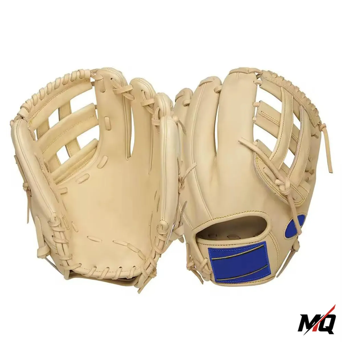 Front and back view of camel leather Malqor catcher's mitt with blue wrist strap