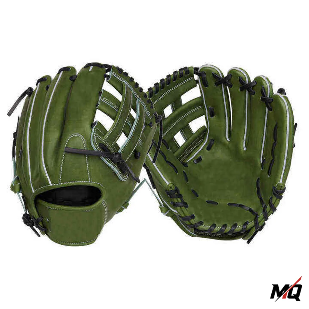 Olive green Malqor synthetic leather baseball glove, front and back pocket view.