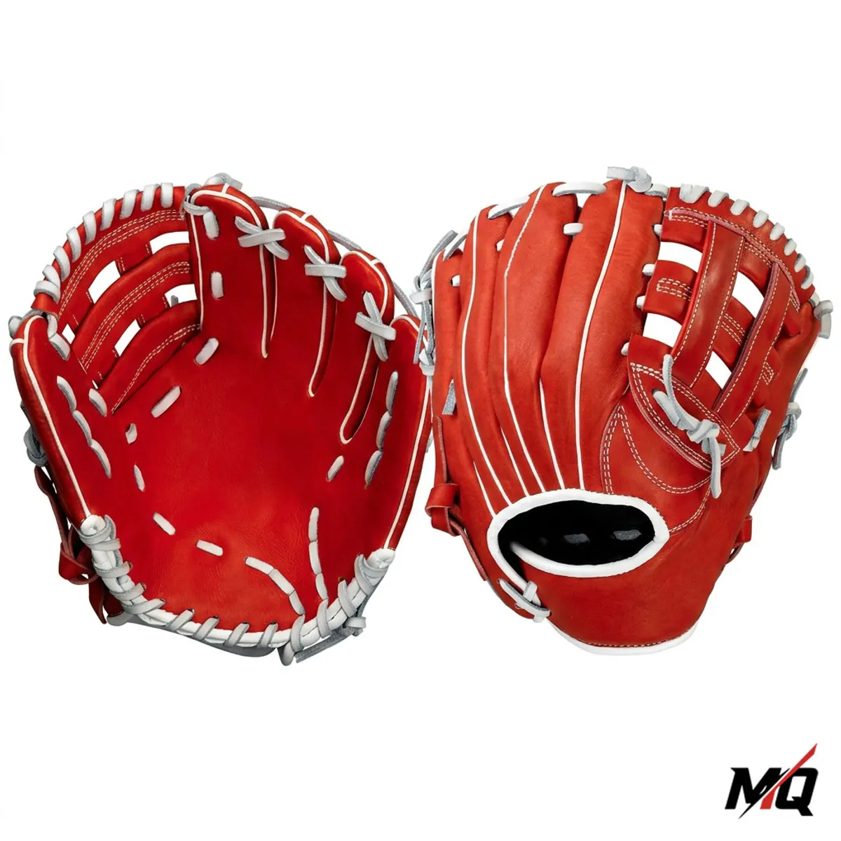 Red baseball fielding glove, palm and back view, grey leather lacing.