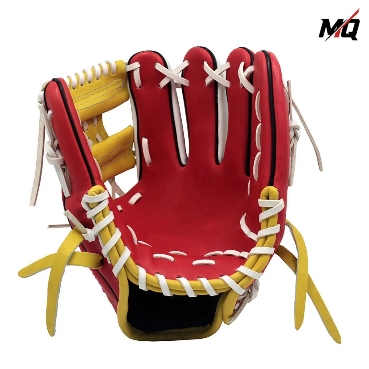 Red leather infield baseball glove pocket with yellow H-web and X-lace stitching.