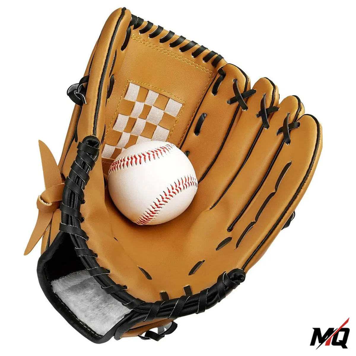 Tan genuine leather baseball catcher's glove palm view holding a baseball.
