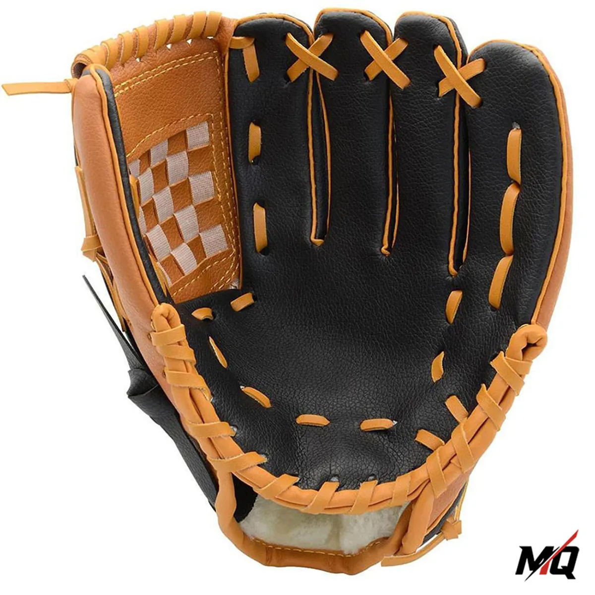 Tan and black leather baseball infield glove, palm view with checkerboard lacing.