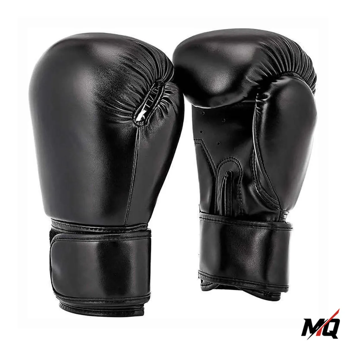 Black genuine leather boxing gloves shown as a matched pair, front and side view.
