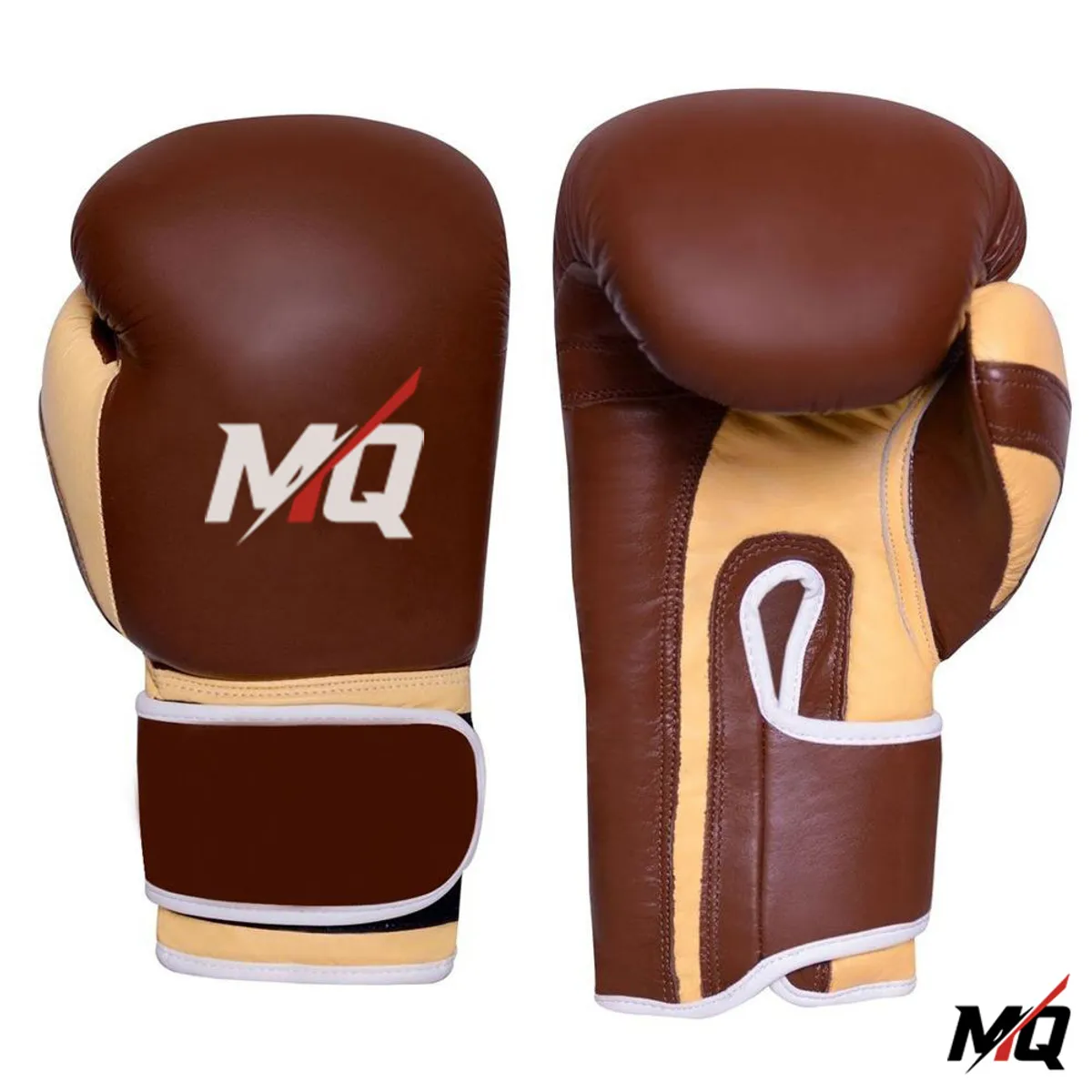 Chocolate brown and tan Malqor PU boxing gloves, front and side view pair.