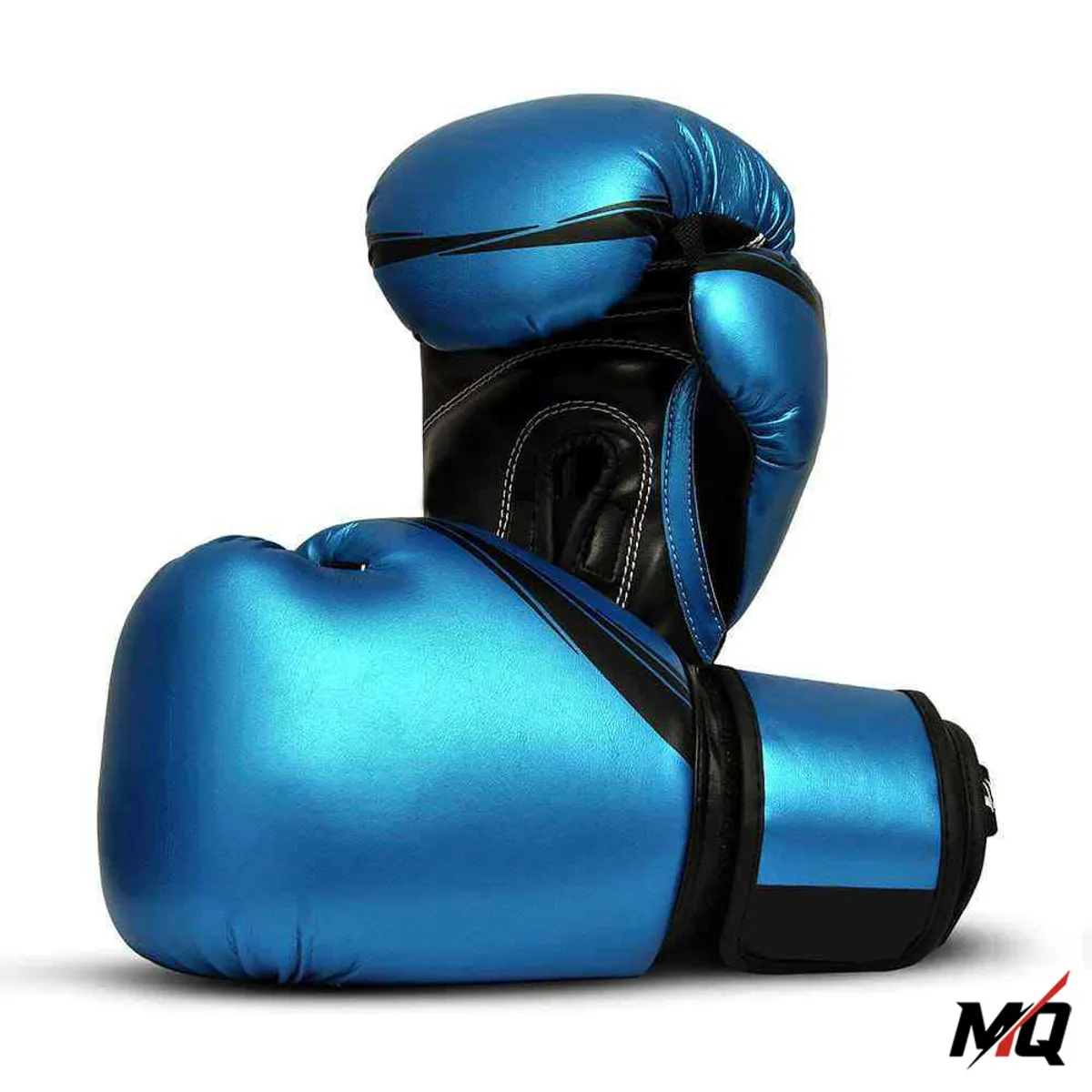 Electric blue and black PU boxing gloves stacked, showing full glove shape and cuff.