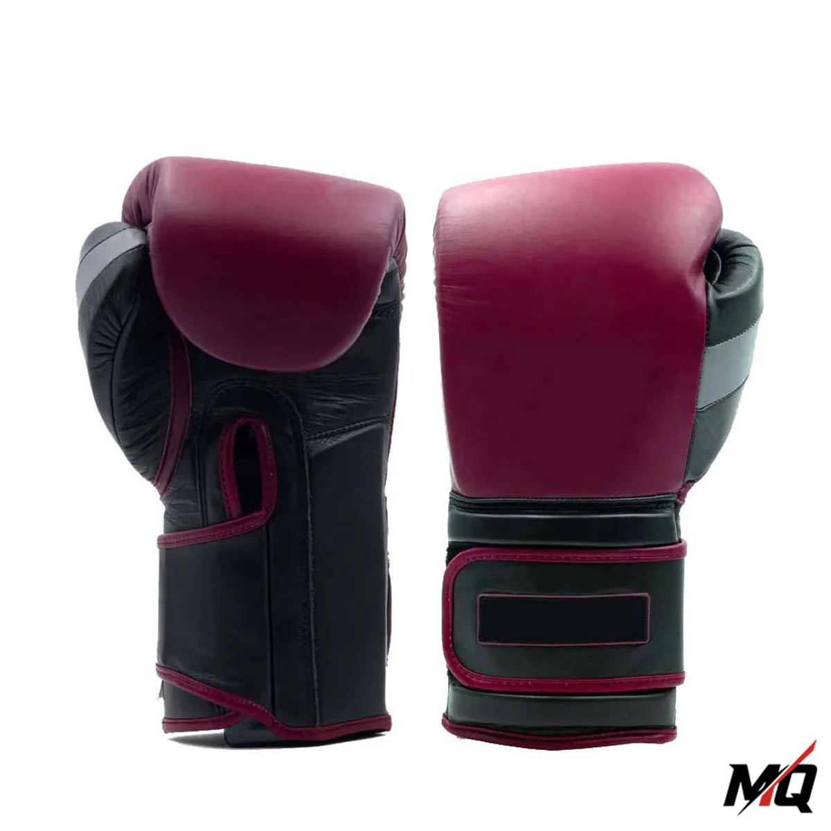 Maroon and black PU training boxing gloves, front and back pair view.
