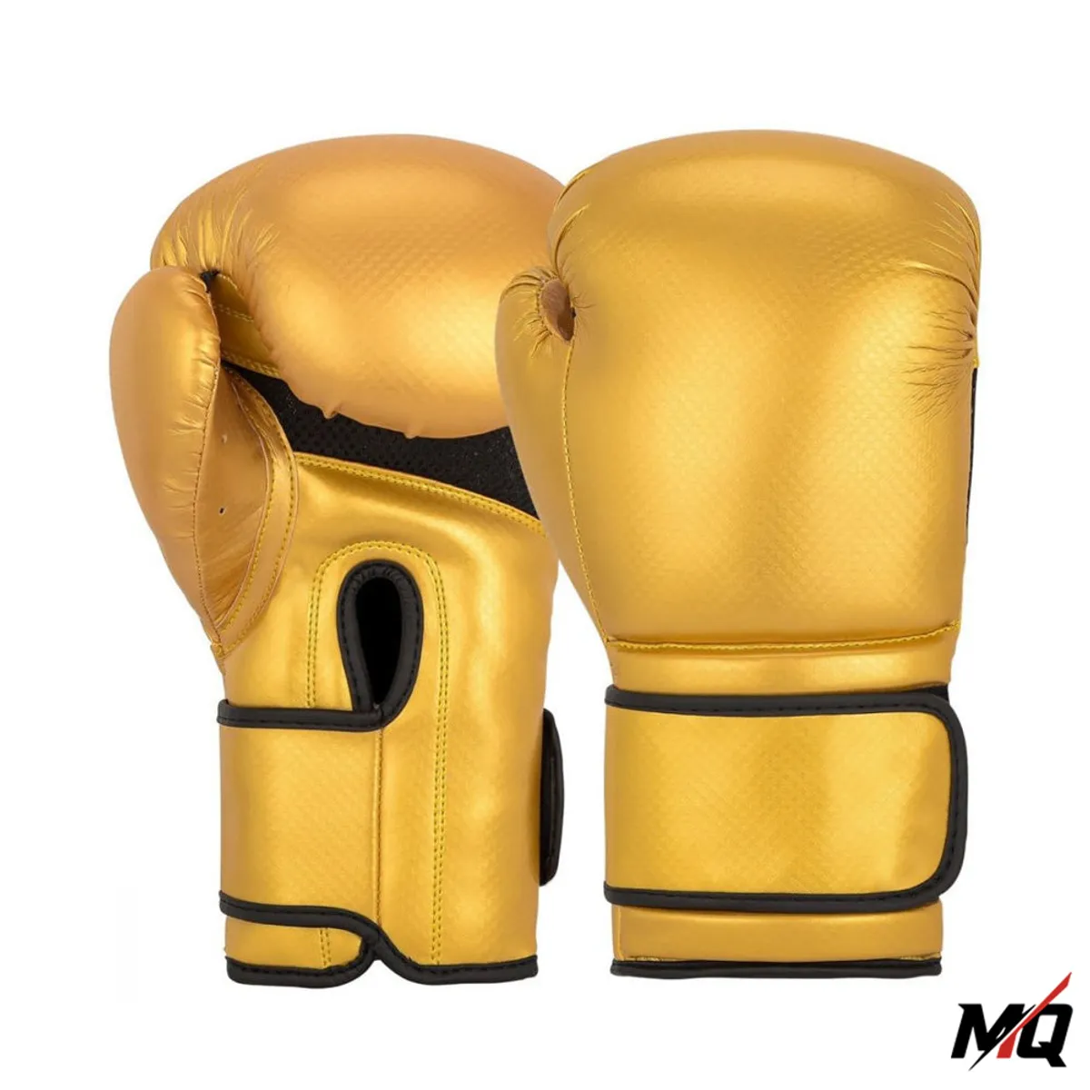Front and back view of metallic gold PU boxing gloves with black mesh panel.