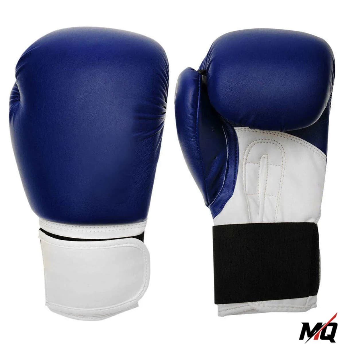 Royal blue and white PU boxing training gloves, side-by-side front view.