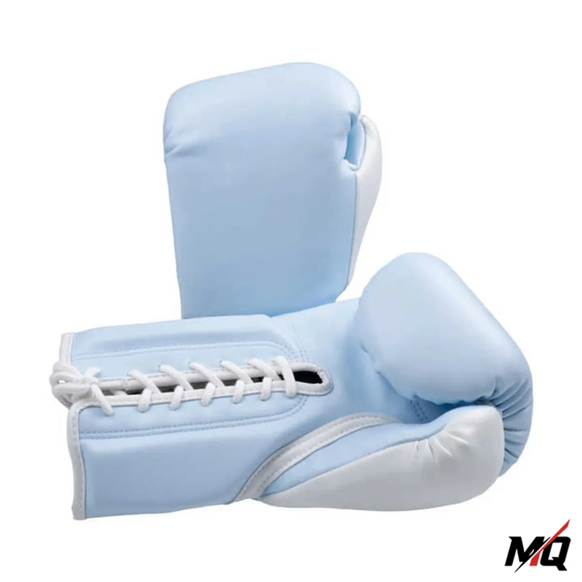 Pair of sky blue and white lace-up genuine leather boxing gloves, side view.