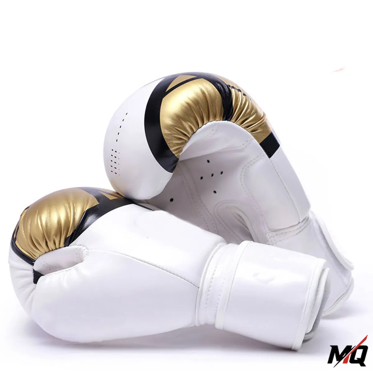 White boxing gloves with gold and black graphic panel, stacked side view.