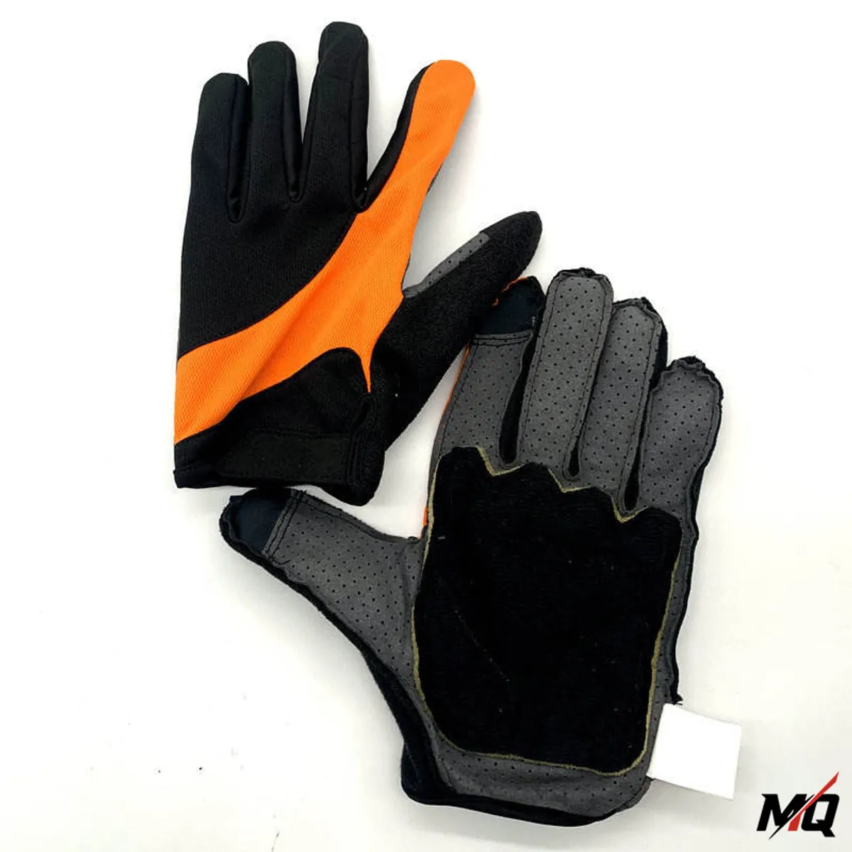 Black and orange Malqor cycling gloves, top and palm view laid flat