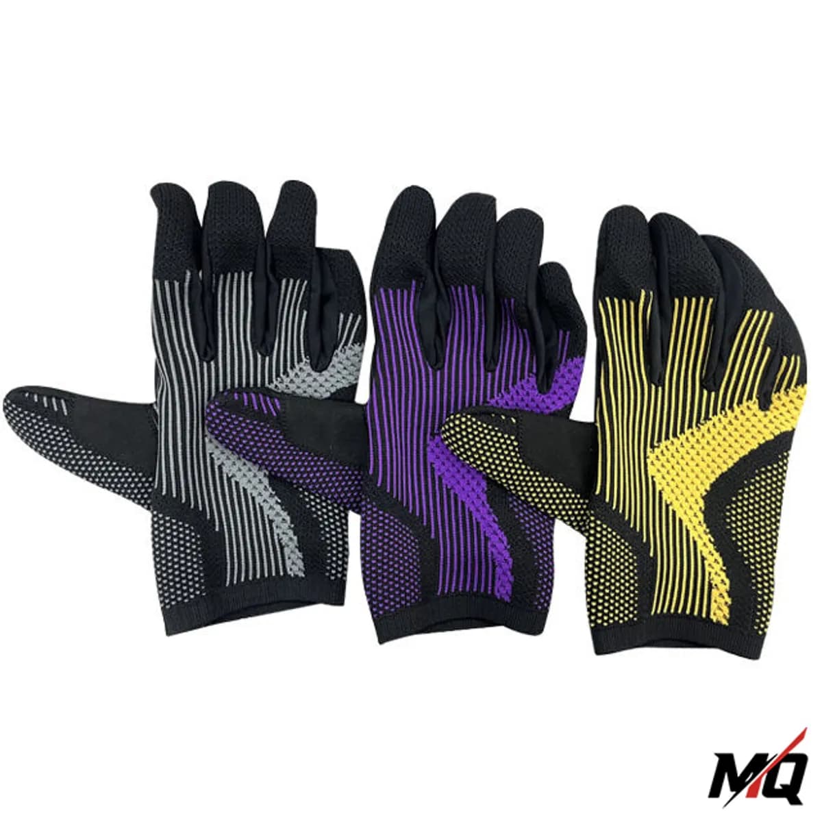 Black/grey, black/purple and black/yellow Malqor flat knitted cycling gloves, top view.