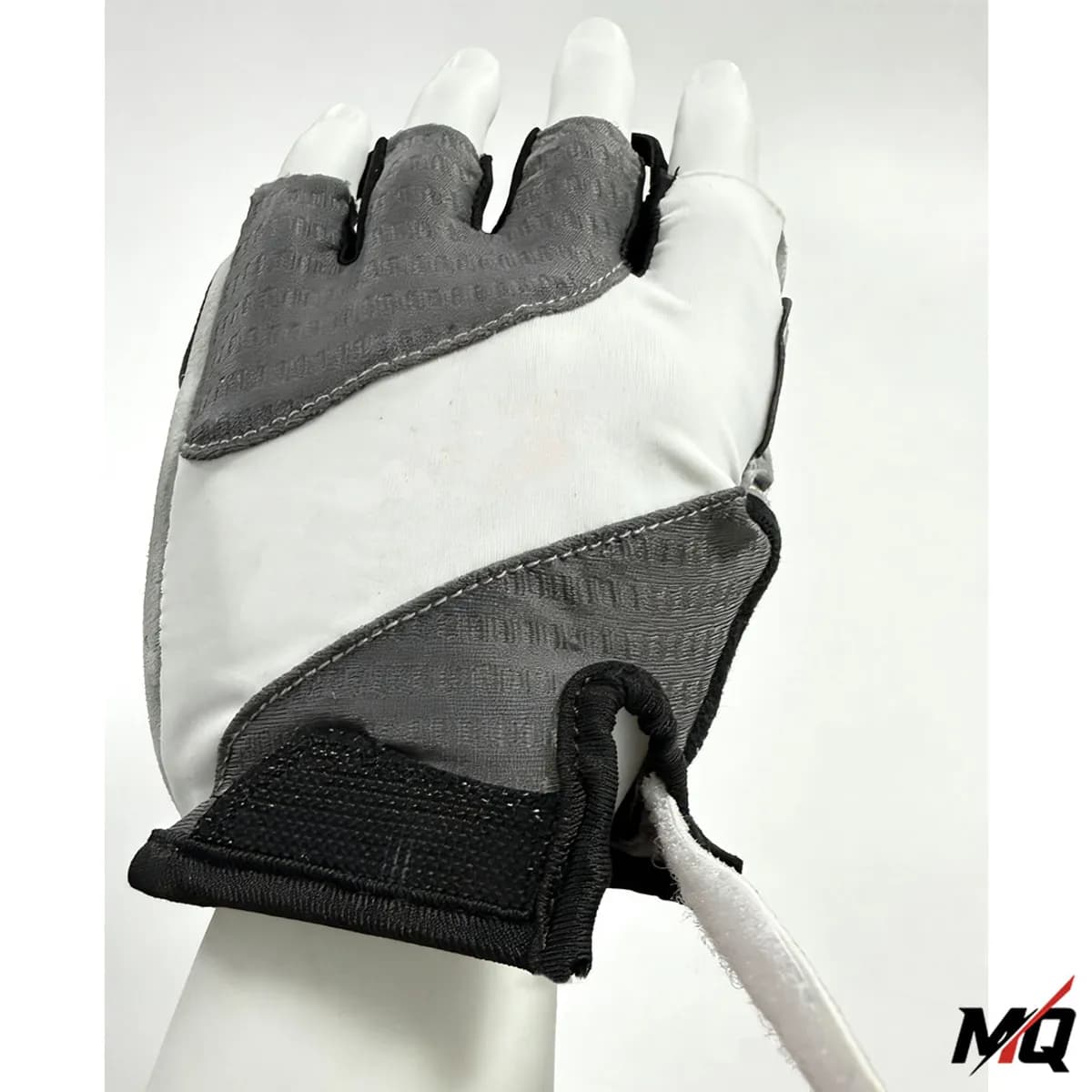 Back view of white and grey Malqor half-finger cycling glove with black trim.