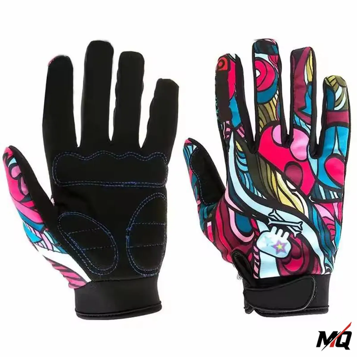 Pink and teal graffiti print Malqor cycling gloves, back and padded black palm view.