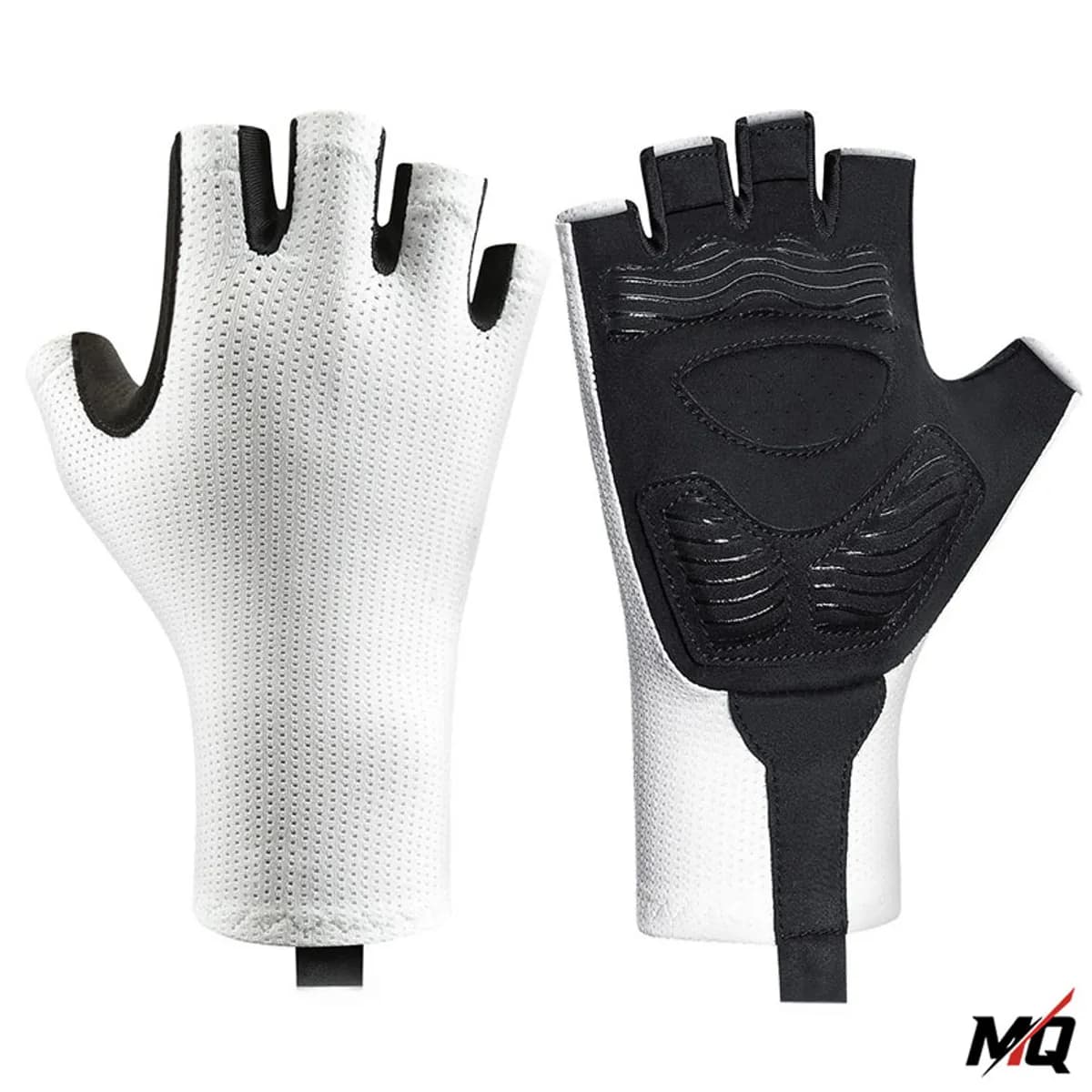 White mesh half finger cycling gloves with black palm, back and front view, Malqor.