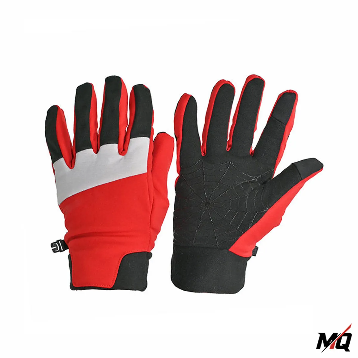 Pair of red and black Malqor touchscreen cycling gloves, back and palm view.