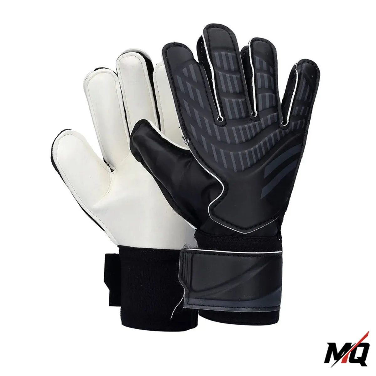 Black and white Malqor genuine leather goalkeeper gloves shown as a pair.