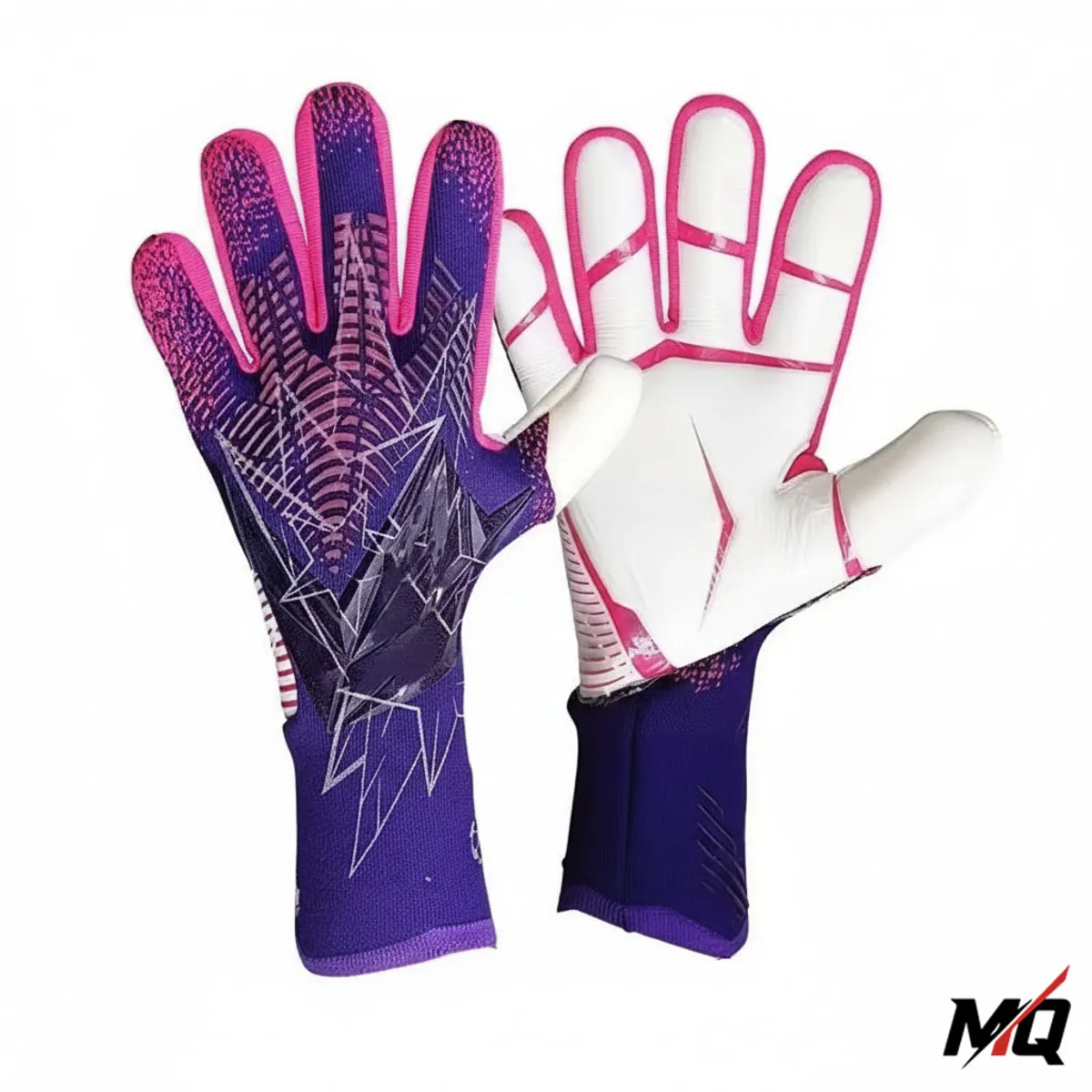 Purple and pink Malqor latex goalkeeper gloves, palm and back view.