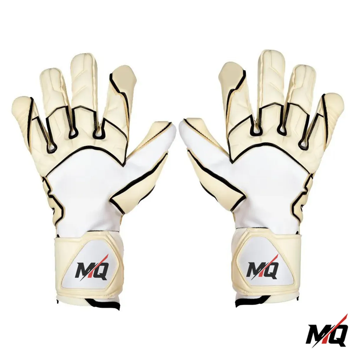 Cream Malqor leather goalkeeper gloves, front pair view, white latex palms.