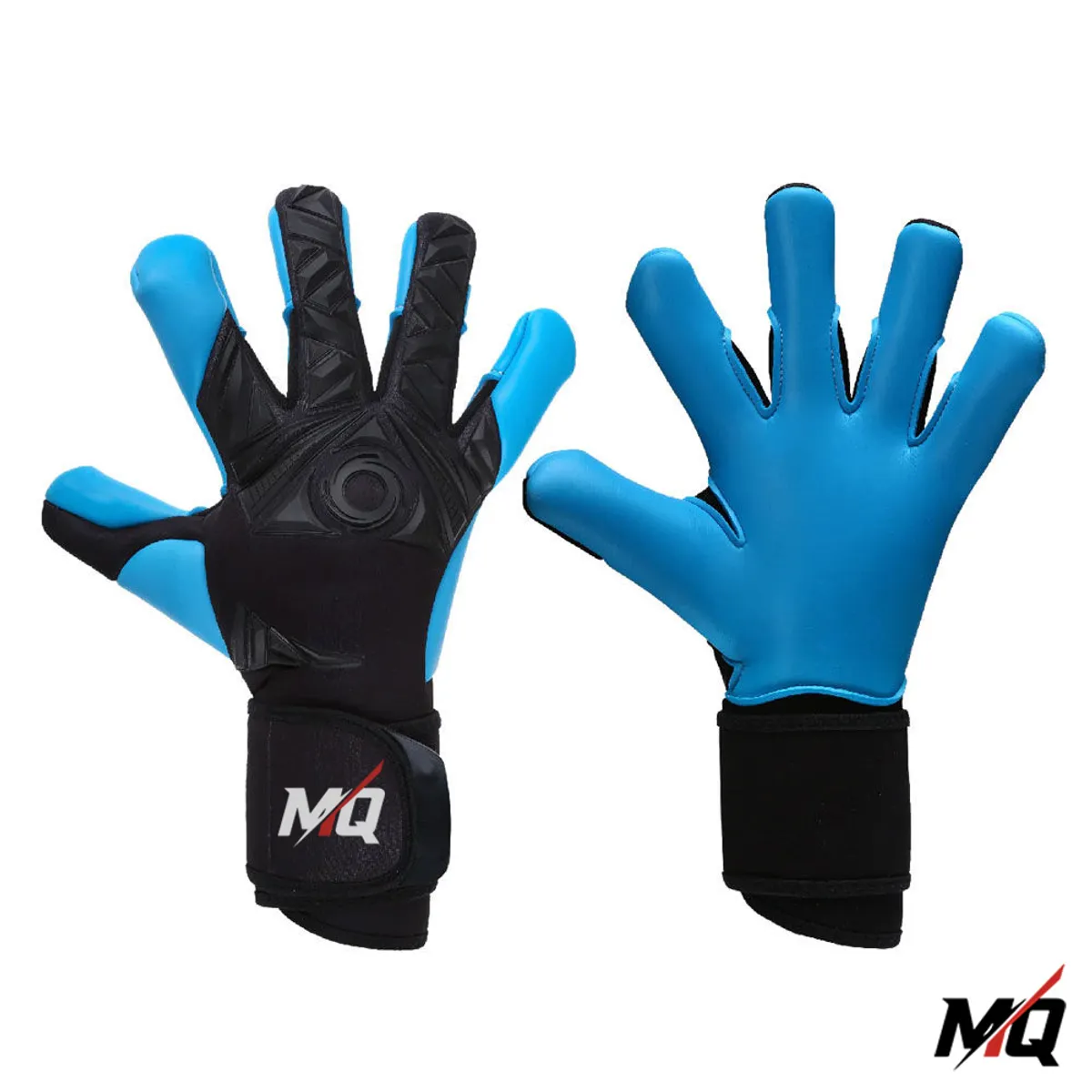 Sky blue and black goalkeeper gloves, front and back palm view, finger protection spines.