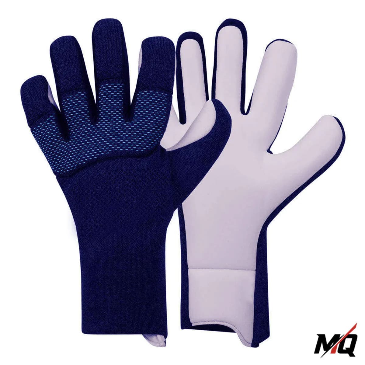 Navy blue Malqor goalkeeper gloves, front and back pair view on white background.
