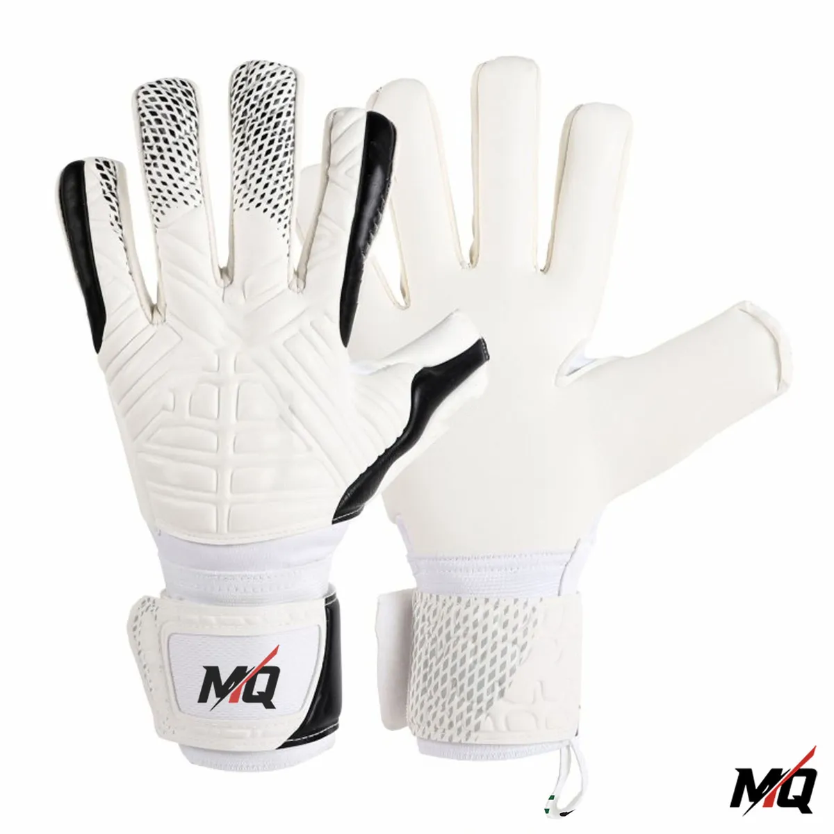 White and black Malqor latex goalkeeper gloves, palm and back view.