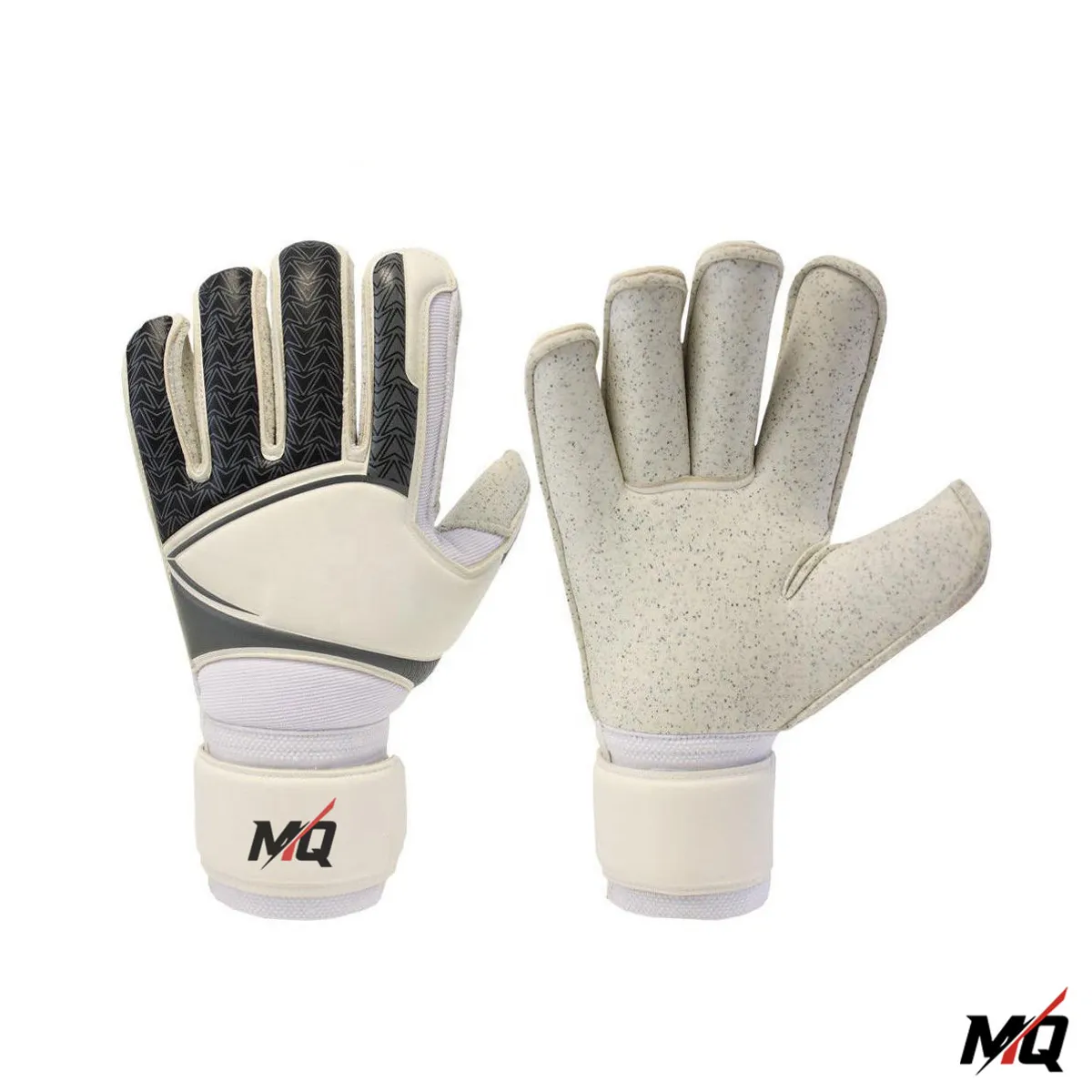 Black and white Malqor latex goalkeeper gloves, front and back view.