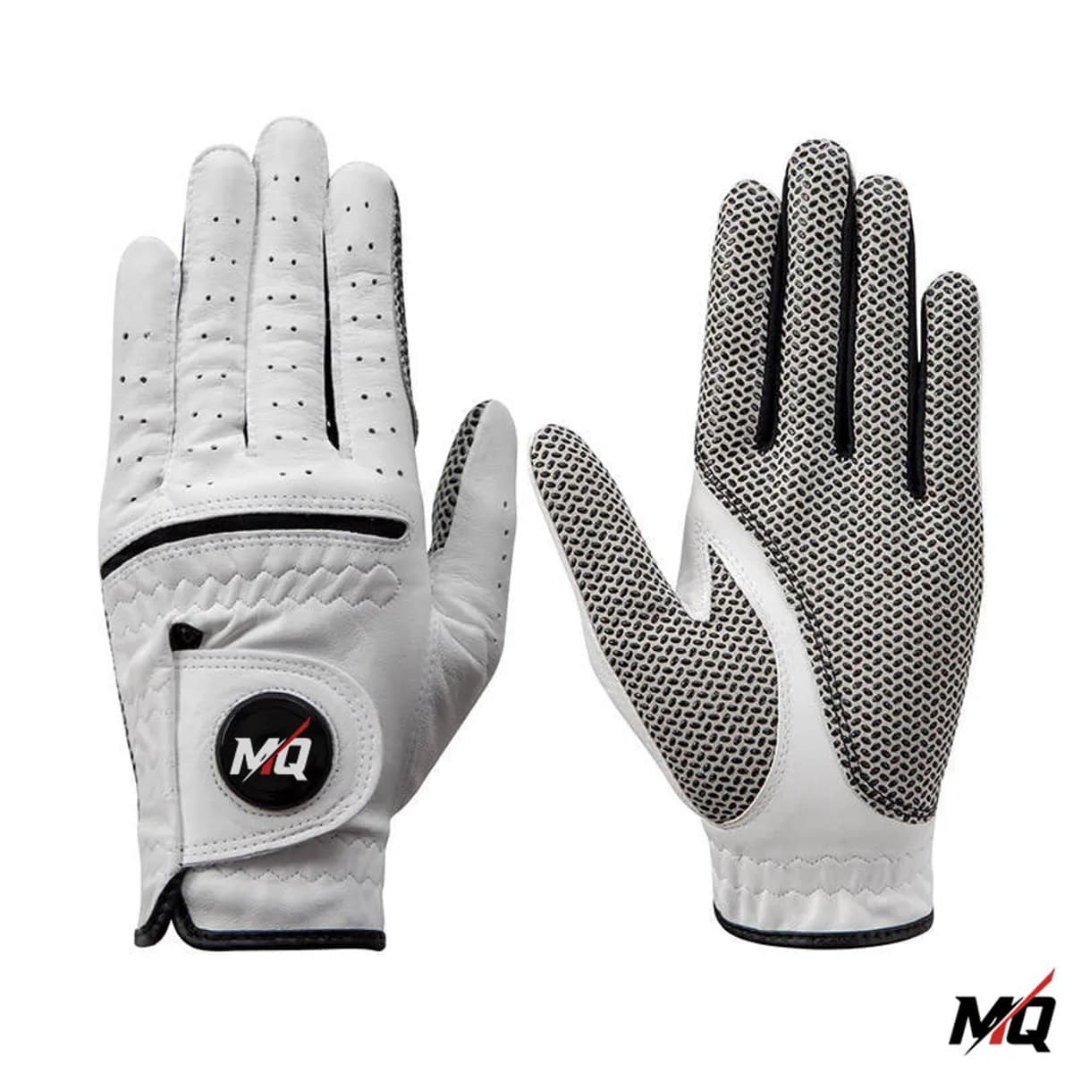 White and black Malqor Cabretta leather golf glove, front and back view.