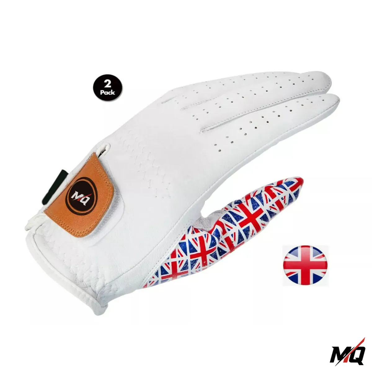 White Cabretta leather golf glove with Union Jack print thumb and tan buckle strap.