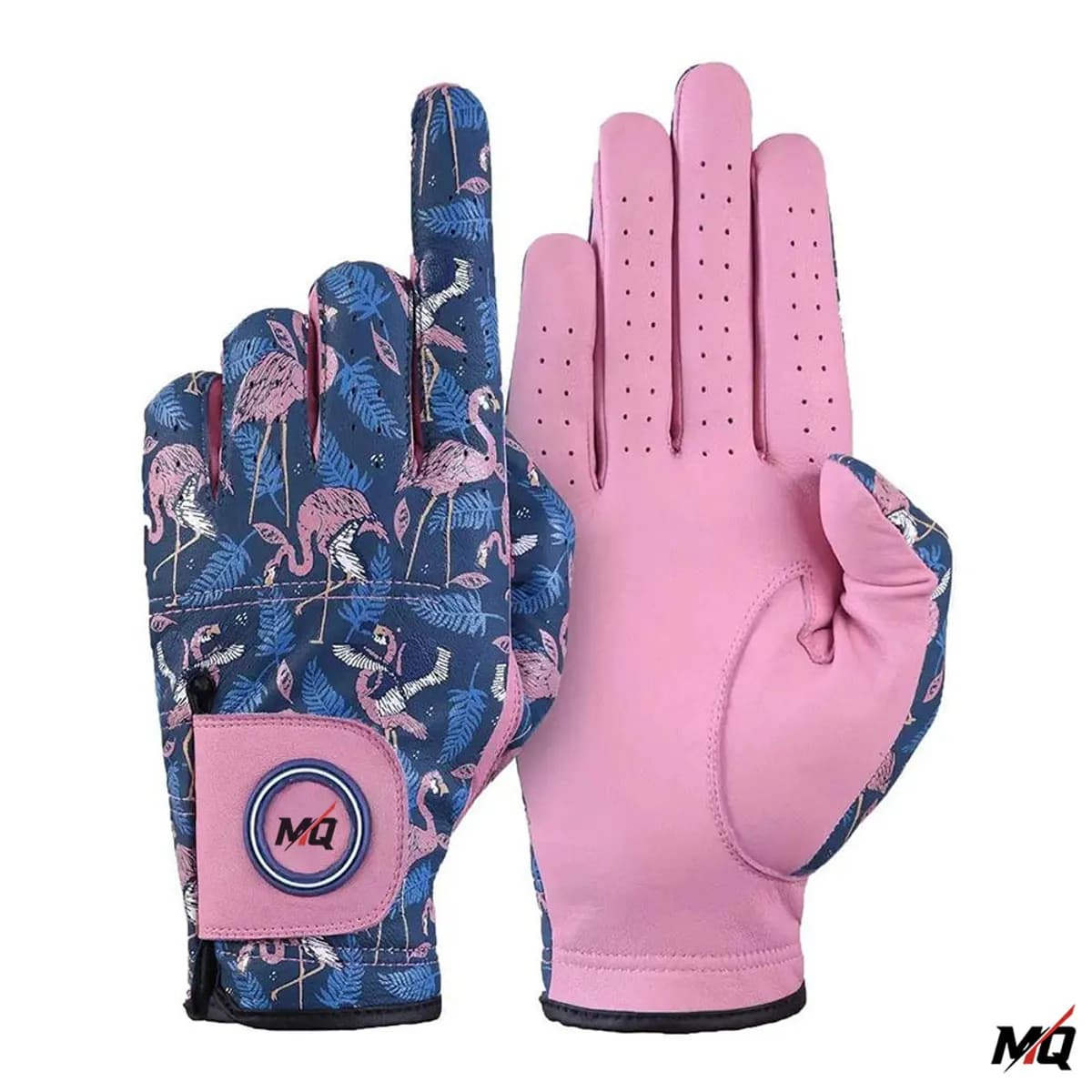 MQI-GOLFG-009-1 — Navy flamingo-print golf glove back with pink perforated palm, pair view.