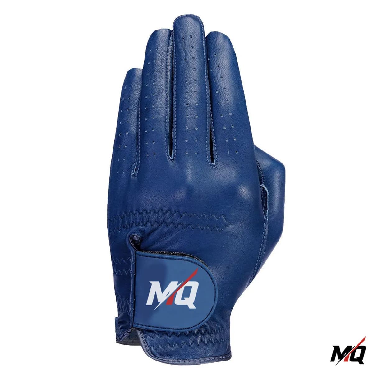 Navy blue Cabretta leather golf glove, palm view with MQ branded wrist strap.