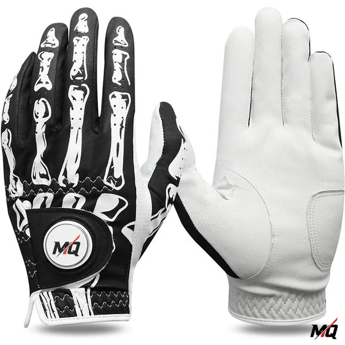 Black skeleton-print golf glove and matching white glove, Malqor MQ logo snap.