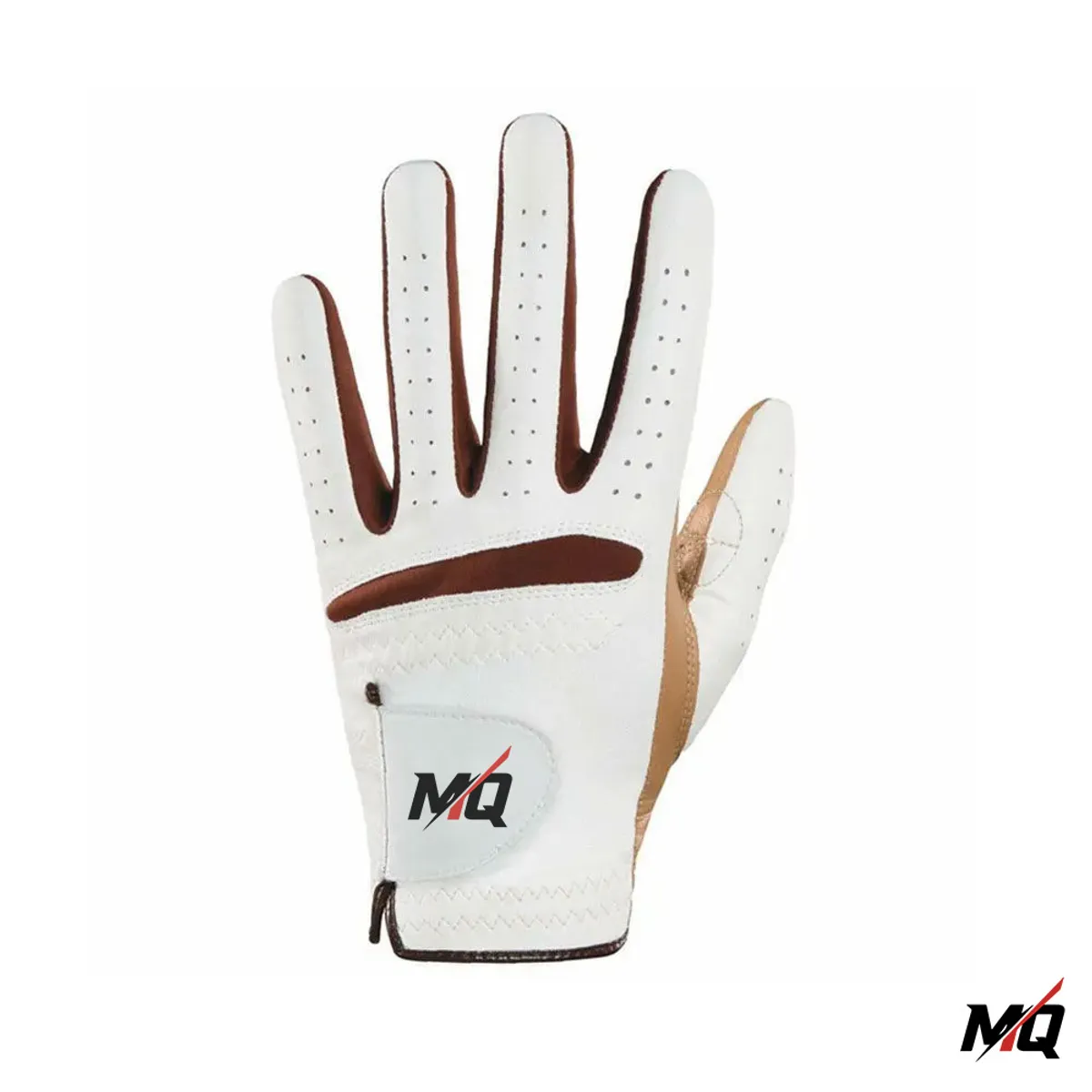 White cabretta leather golf glove, backhand view with brown trim.