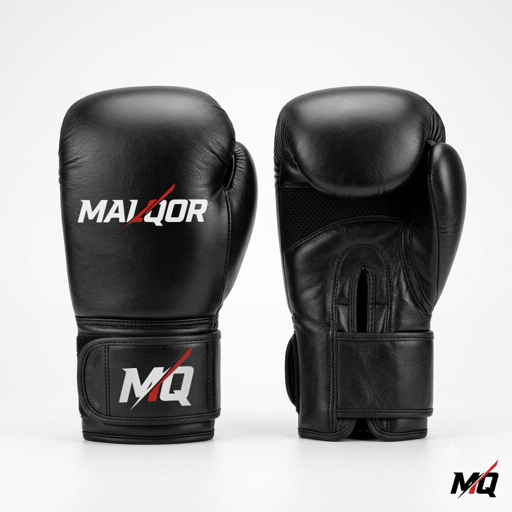 Malqor International Pro Training Boxing Gloves in black synthetic leather, front and side view