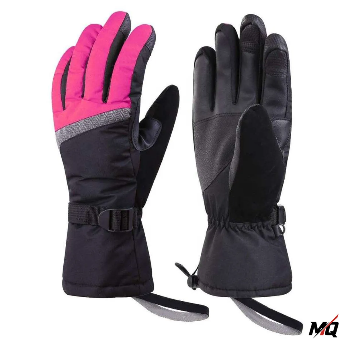 Pink and black Malqor waterproof ski gloves, front and back view.