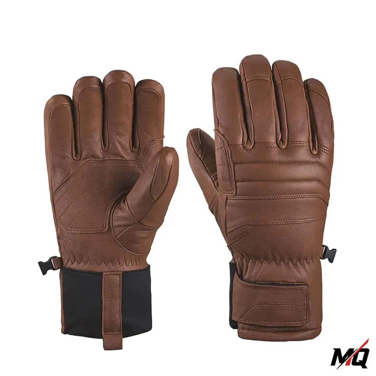 Brown leather ski gloves pair, front and back view with black cuffs.