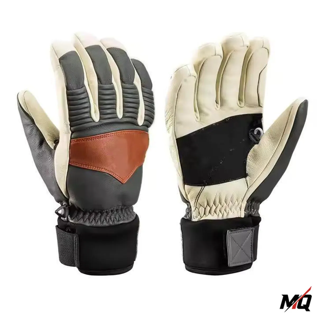 Cream and grey Malqor ski gloves, palm and backhand pair view with tan panel.
