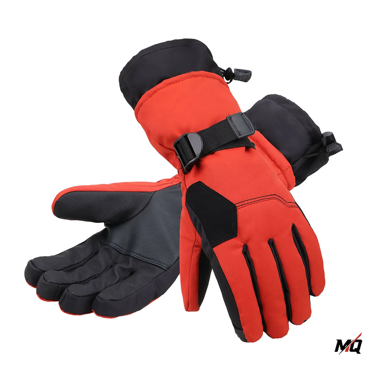Pair of orange-red and black lightweight full-finger ski gloves, back and palm view
