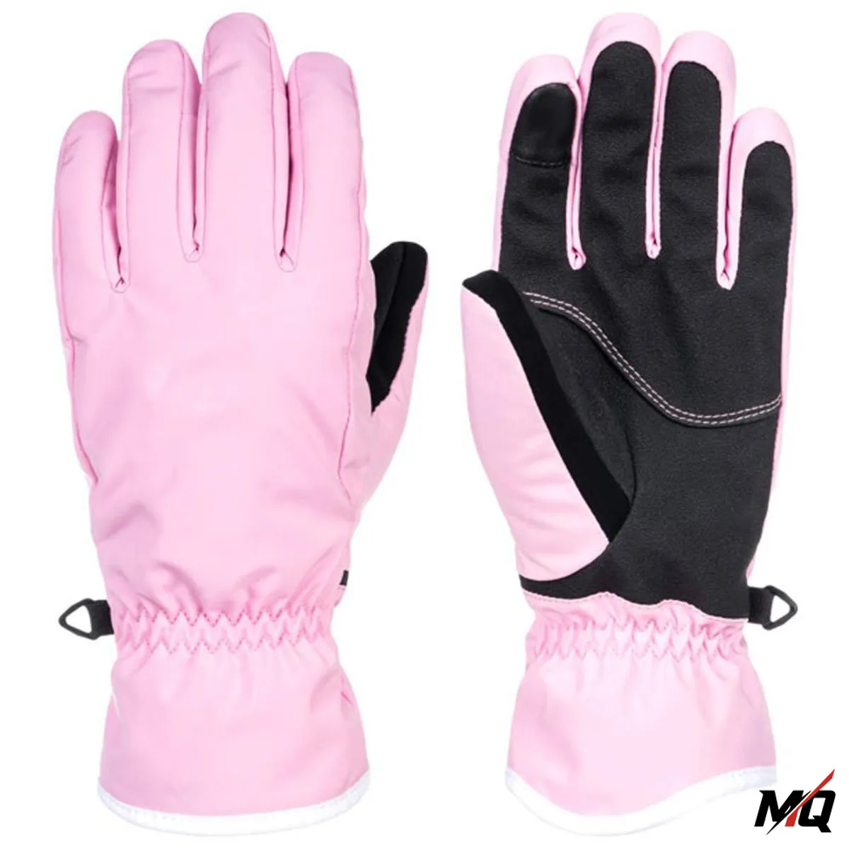 Pink Malqor ski gloves flat lay showing pink back and black grip palm.