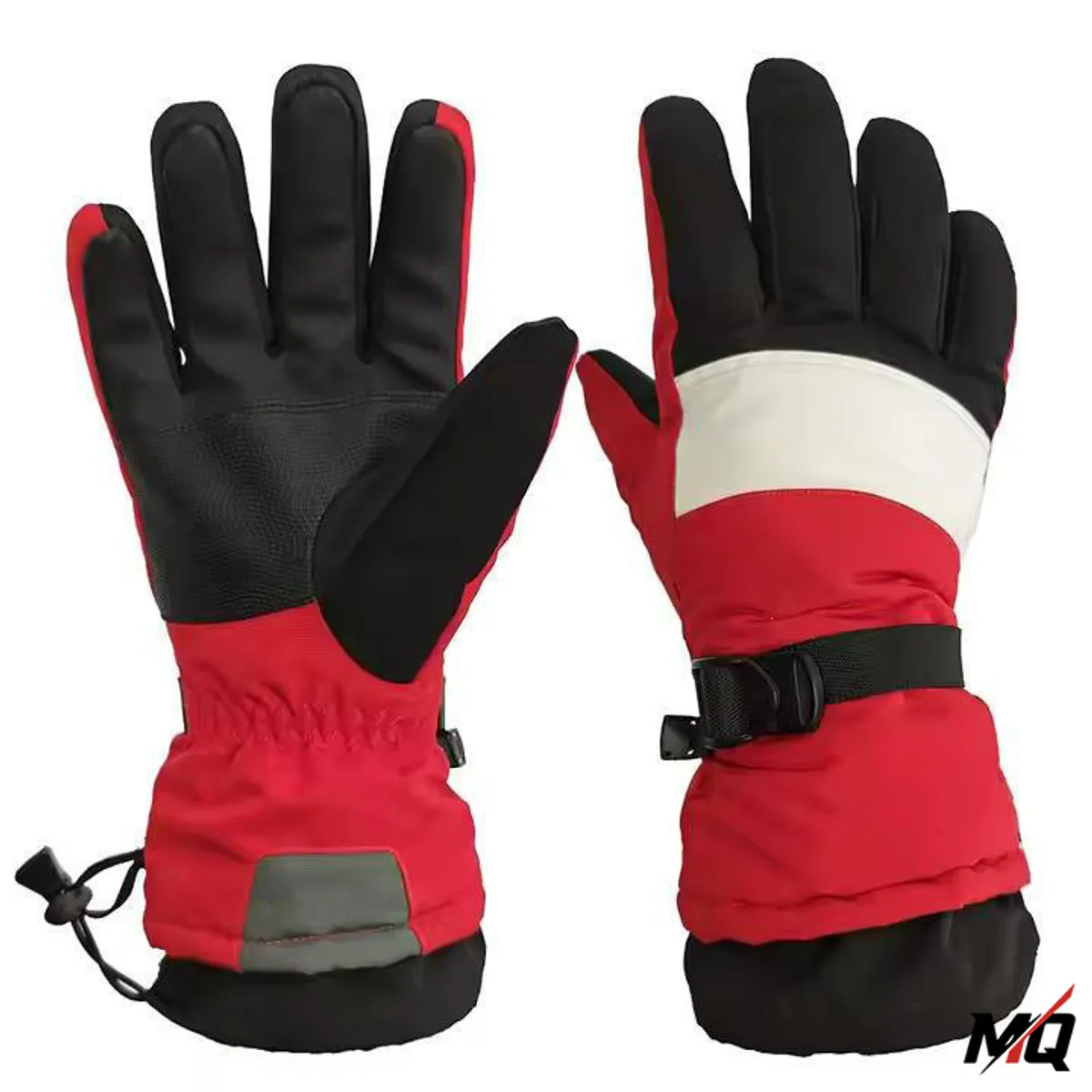 Red and black Malqor waterproof ski gloves, back view with white accent panel.