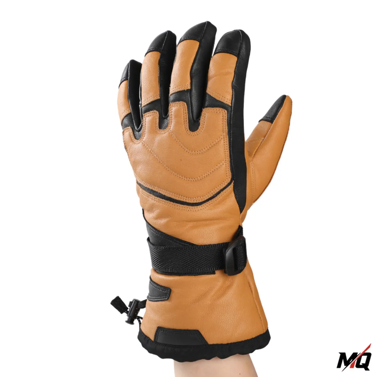 Front view of tan leather ski glove with black reinforced fingertips and adjustable wrist strap.