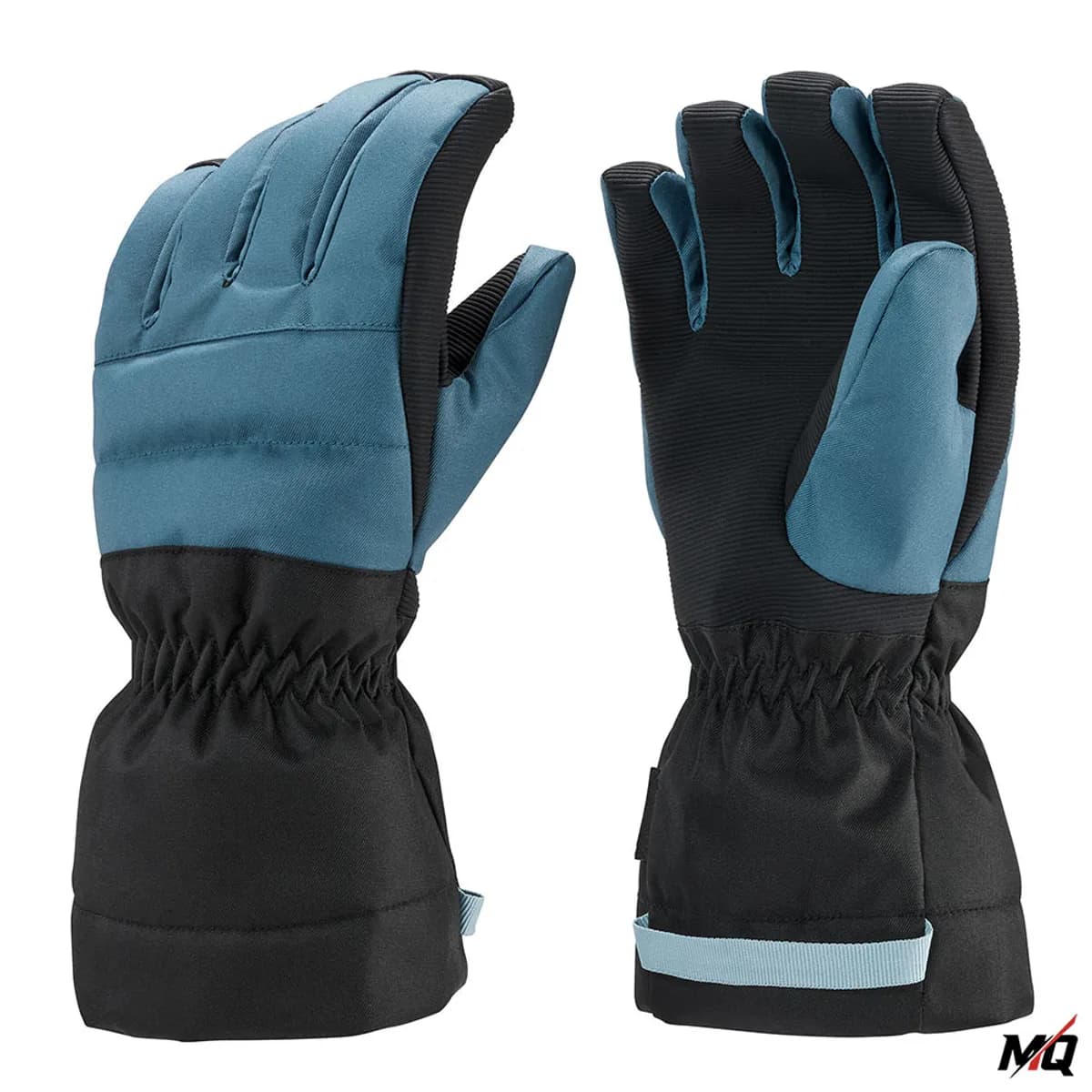 Steel blue and black waterproof ski gloves, front and back view.