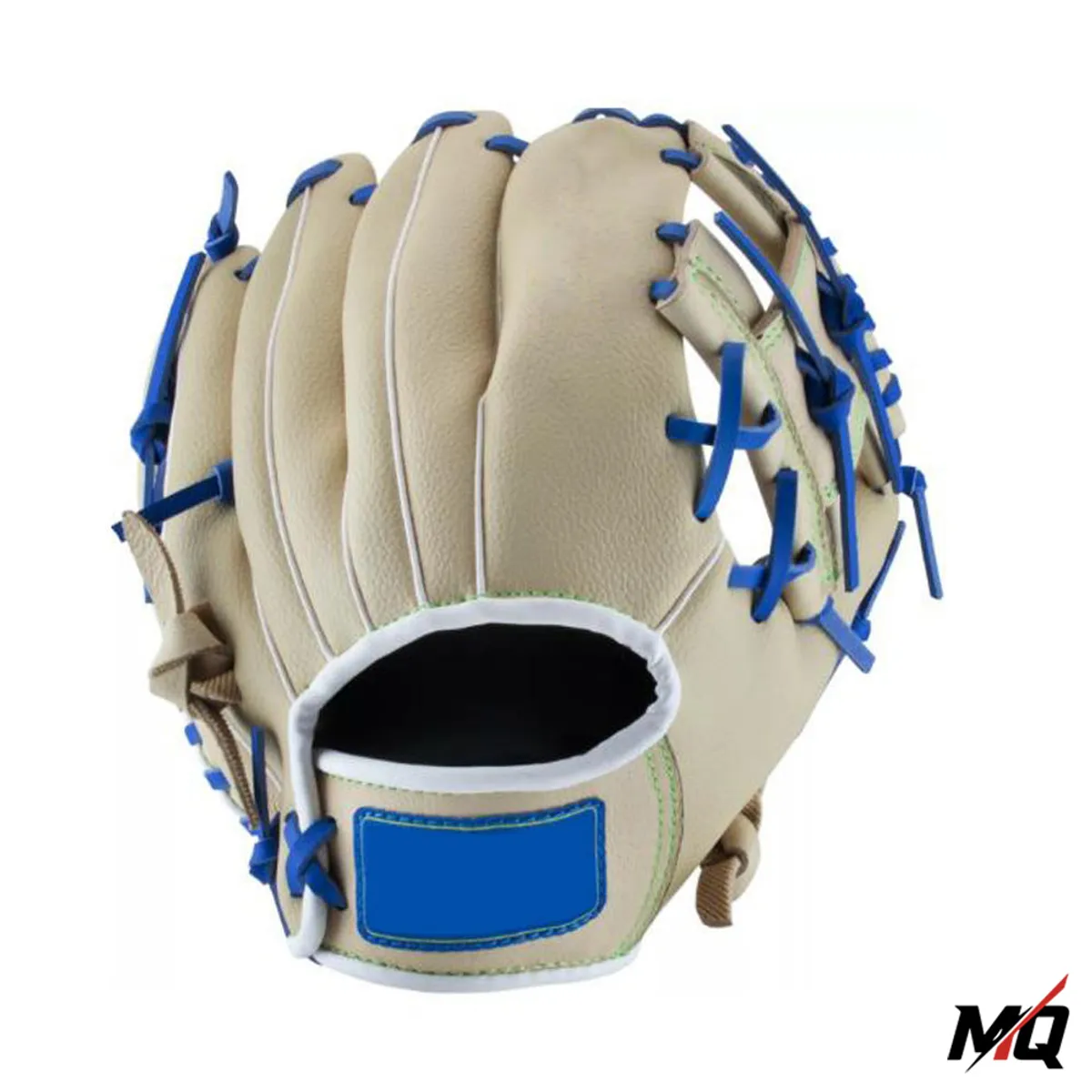 Tan leather baseball infield glove with royal blue open web lacing, made in Sialkot, Pakistan.
