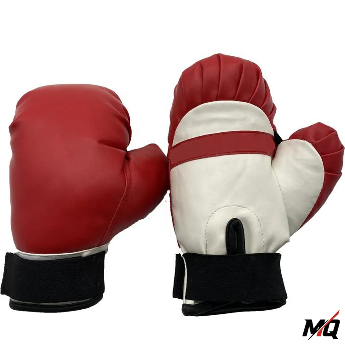 Red and white boxing training gloves shown side by side, front angle.